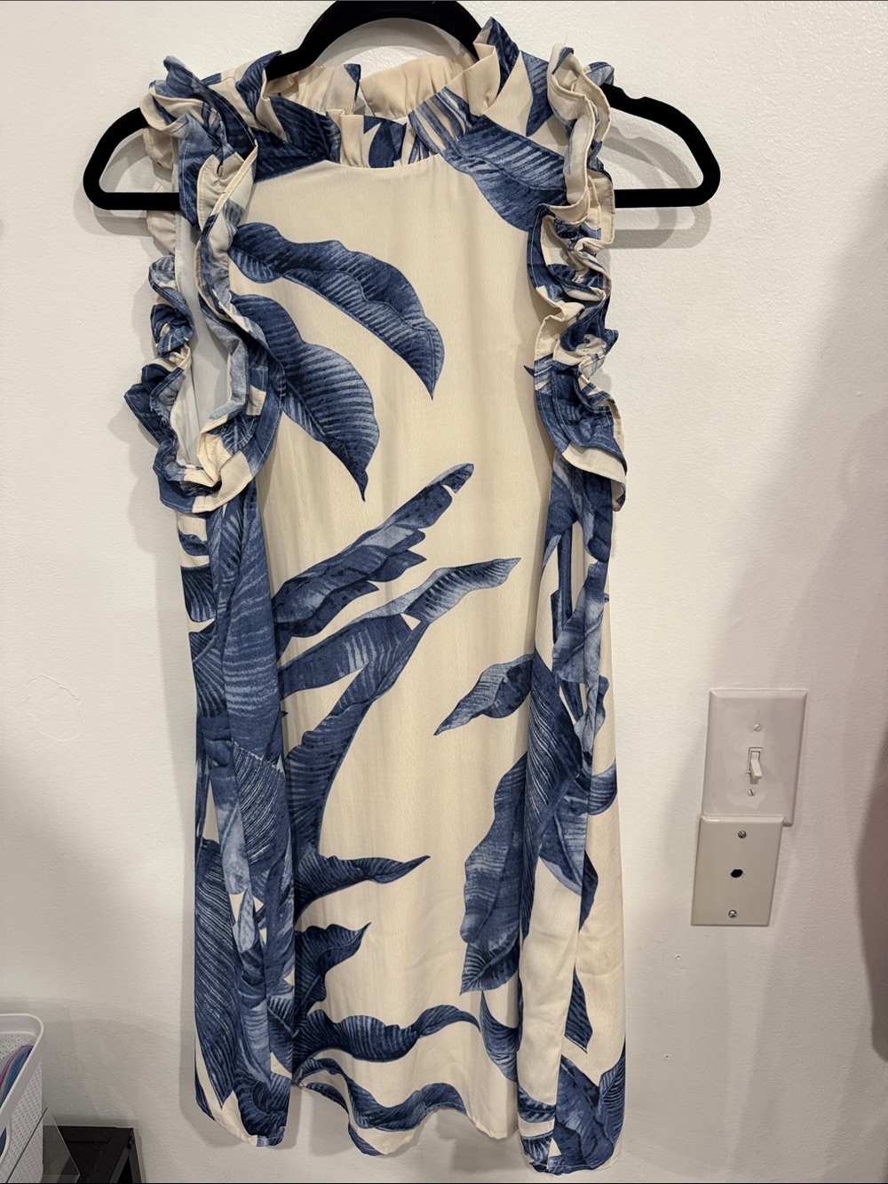 TCEC Cream Midi Dress with Blue Tropical Leaf Print